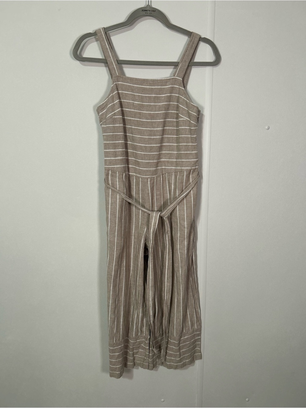 beachlunchlounge Taupe and White Striped Linen Jumpsuit